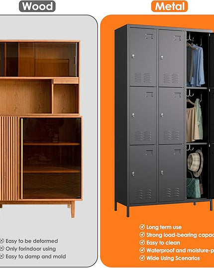 Aobabo New 9 Doors Metal Storage Locker for Employees, Lockable Steel Locker with Name Card Slot and 27 Hooks for School Office Gym Garage, Black, Assembly Required