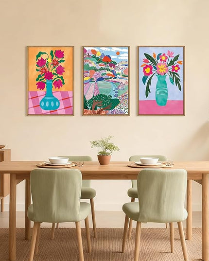 HOURIA Colorful Flower Field Landscape Framed Canvas Wall Art Set,Abstract Pink Floral Vase Wall Decor,Natural Botanical Tree Artwork,Modern Sunrise Art Prints for Living Room,Farmhouse-16 x24 x3
