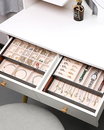 LANDICI Stackable Jewelry Organizer Trays 4 Set,PU Leather Jewelry Organizer Drawer,Jewelry Storage Display Tray for Earring Necklace Rings Bracelet with Removable Dividers,Black
