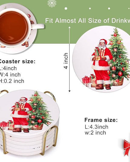 Christmas Coasters Set of 6 Christmas Tree Coasters Gifts with Holder Round Ceramic Absorbent Drink Coaster for Holiday, Coffee Table Decor