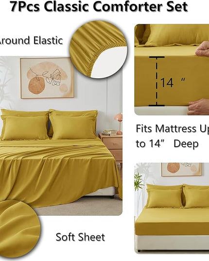 CozyLux King Size Comforter Set Mustard Yellow - 7 Pieces Bed in a Bag King, Luxury Soft Bed Set for All Seasons, Bedding Set with Down Alternative Comforter, Sheets, Pillowcases & Shams