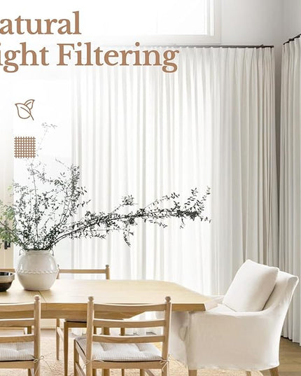 Pinch Pleated Linen Curtains for Living Room, Light Filtering Curtains 102 Inches Long, Farmhouse Window Curtains for Bedroom, Modern Drapes with Hooks and Rings, White, 2 Panels Set
