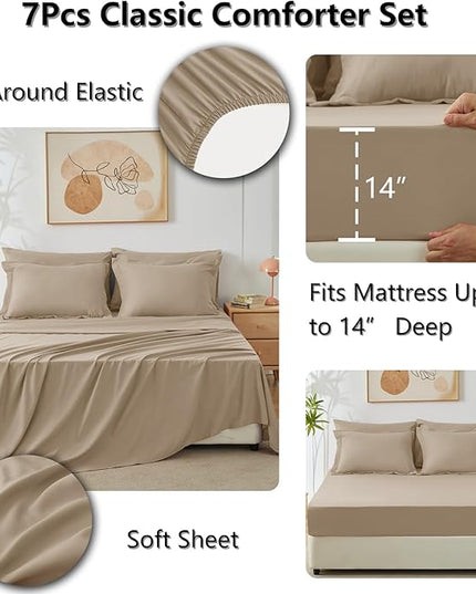 CozyLux Full Size Comforter Sets Taupe - 7 Pieces Bed in a Bag Full, Luxury Soft Bed Set for All Seasons, Bedding Set with Down Alternative Comforter, Sheets, Pillowcases & Shams
