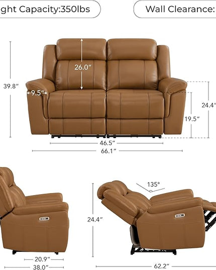 CHITA Genuine Leather Power Recliner Sofa, Wall Hugger Reclining Loveseat with Power Headrest, Charging Ports, Reclining Sectional Couch for Living Room, RV, Saddle