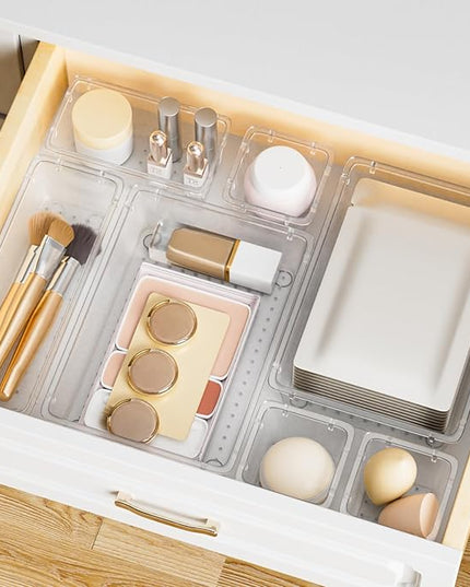 15 PCS Clear Plastic Drawer Organizer Set, 4-Size Acrylic Drawer Storage Trays, Storage Bins for Makeup, Gadgets, and Jewelry in Bathroom, Bedroom and Office, Clear