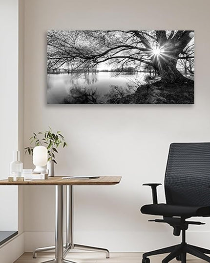 LKY ART Wall Art Decor Black and White Lake Landscape Canvas Wall Art Old Tree Silhouette with Sunburst Nature Photography Print Picture Artwork for Living Room Office Bedroom 20 x 40 inches