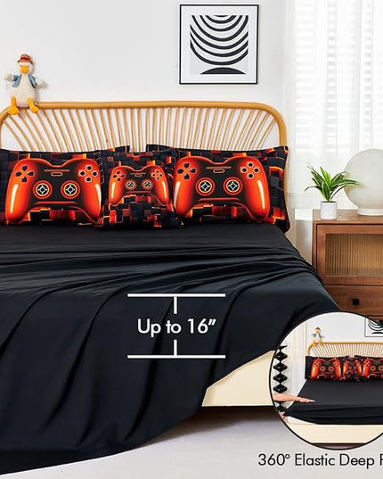 PERFEMET Full Bedding Sets for Boys 6 Pcs Orange Game Kids Bed in A Bag with Sheet Set Lightweight Soft 3D Cool Gaming Bed Set for Teens Bedroom(Orange, Full)