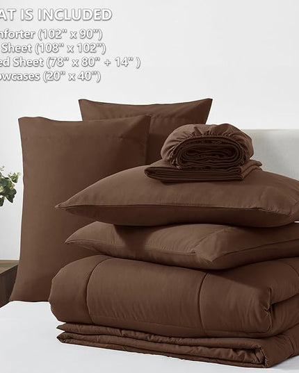 CozyLux King Size Comforter Set Brown, 7 Pieces Bed in a Bag, Brown Comforter King Size, All Season Bedding Sets with Stitch Quilted Comforter, Flat Sheet, Fitted Sheet, Pillowcases