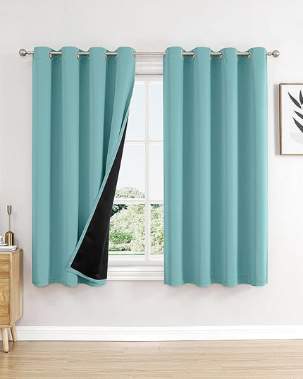 ChrisDowa 100% Blackout Curtains 54 inch Long for Bedroom with Black Liner, 2 Thick Layers Total Blackout Thermal Insulated Grommet Window Curtains 2 Panels Set (Aqua, 52 x 54 Inch)