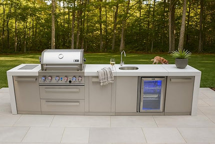 Mont Alpi MAi400-DBEVXL 4-Burner 78000 BTU Deluxe Stainless Steel Island Outdoor Kitchen Gas BBQ Grill + Beverage Center Faucet and Sink + Granite Countertops + 25" Right Extra Storage Cabinet