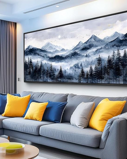 ERQINHUA Canvas Wall Art For Bedroom Large Wall Decor For Living Room Office Mural Misty and Fog Forest Painting Mountain Landscape Picture Artworks Home Decor Black Framed Ready To Hang 32x72 In