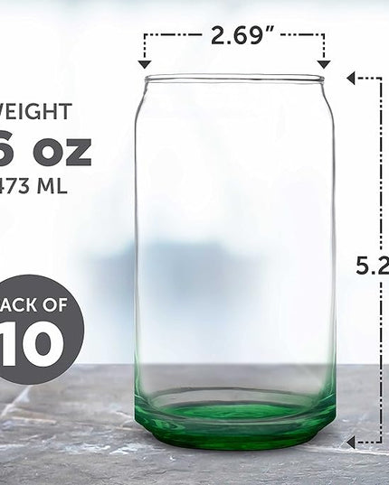 DISCOUNT PROMOS Beer Can Glasses Set of 10, 16 oz. Pint Sized, Soda Can Shape, Glassware, Green