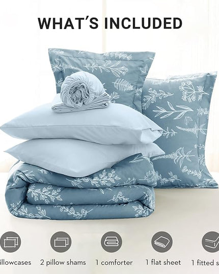 MUXHOMO Blue Full Comforter Set, Elegant Floral Print Bed in a Bag 7 Pieces, Ultra Soft & Breathable Reversible Botanical Pattern Bedding Set with Comforter, Sheets, Pillowcases, and Shams
