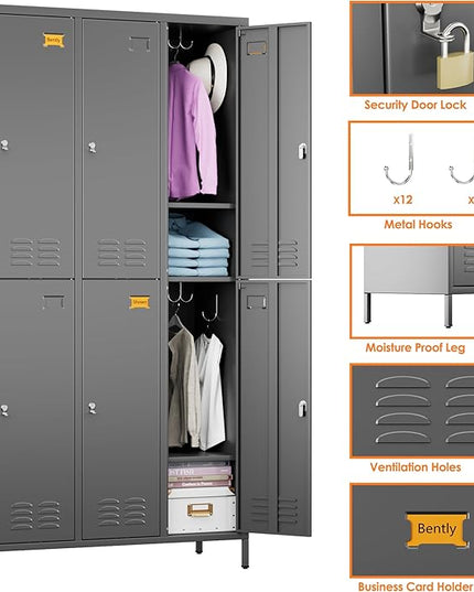 Aobabo Metal Locker for Employees, 6 Doors Metal Locker Cabinet with Lock, Industrial Storage with 18 Hooks, Storage for Office, Gym, Dormitory, Assembly Required, Dark Grey