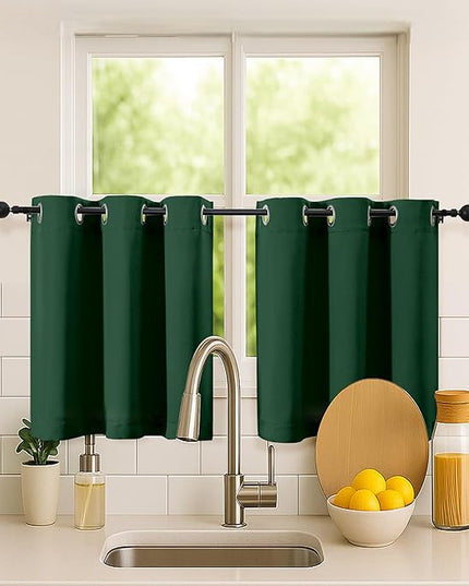 Simplebrand Ever Green Short Kitchen Curtains 24 Inch Length 2 Panels Set, Small Windows Room Darkening Curtain for Bathroom, Cabinet, Basement, RV Camper, Thermal Insulated Short Drapes, 40 x 24 Inch