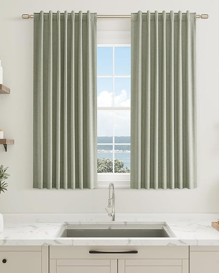 Sage Green Linen Blackout Curtains 45 Inch Length 2 Panels Set for Living Room Bedroom Back Tab Thermal Insulated 100% Black Out Linen Drapes Room Darkening Window Curtains 45 Inches Long