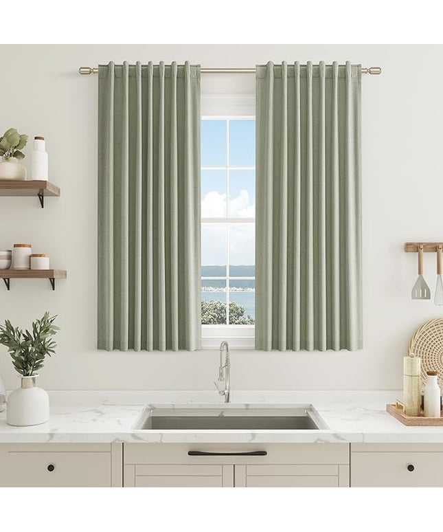 Sage Green Linen Blackout Curtains 45 Inch Length 2 Panels Set for Living Room Bedroom Back Tab Thermal Insulated 100% Black Out Linen Drapes Room Darkening Window Curtains 45 Inches Long