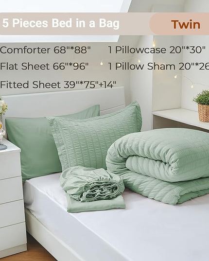 MUXHOMO 5 Pieces Twin Comforter Set, Seersucker Bed in a Bag Twin Size, All Season Luxury Bedding Set with Comforter, Flat Sheet, Fitted Sheet, Pillowcase & Sham, Sage Green
