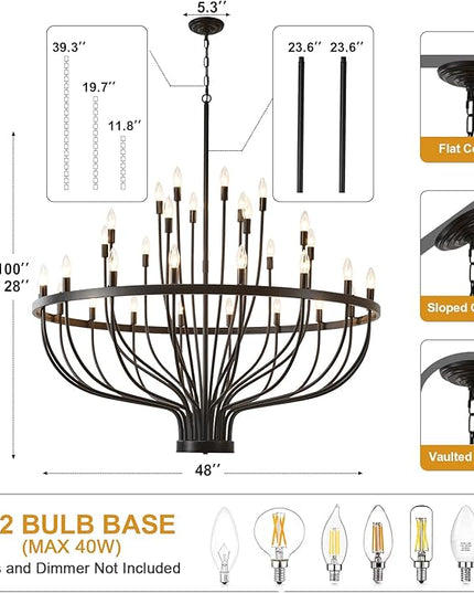 48 Inch Black Chandeliers for Dining Room 33 Light Black Dining Room Light Fixture, Large Industrial Farmhouse Chandelier Rustic Candle Chandeliers for Hallway, Entryway,Office,Bar