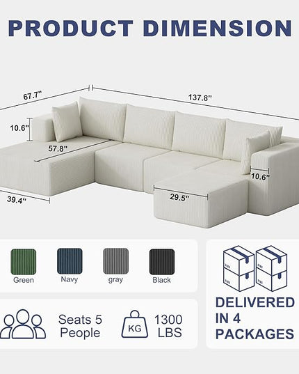 138" Boneless Couches for Living Room, Modular Cloud Couch Sofa - 5 Pieces U Shap Corduroy Sectional Sofa, Fluffy Memory Foam Sleeper Sofa Furniture, No Assembly, Wide Armrest, Beige