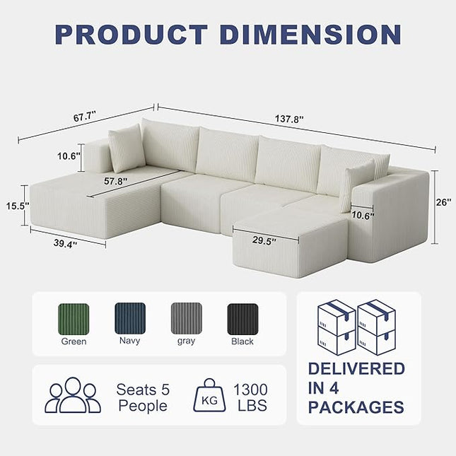 138" Boneless Couches for Living Room, Modular Cloud Couch Sofa - 5 Pieces U Shap Corduroy Sectional Sofa, Fluffy Memory Foam Sleeper Sofa Furniture, No Assembly, Wide Armrest, Beige