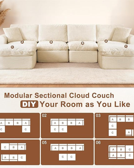 138” Modular Sectional Sofa Couches U Shaped Couch 4 Seater Cloud Sofa Memory Foam Sectional Couches for Living Room, Boneless Couch with Ottoman, Corduroy, Beige