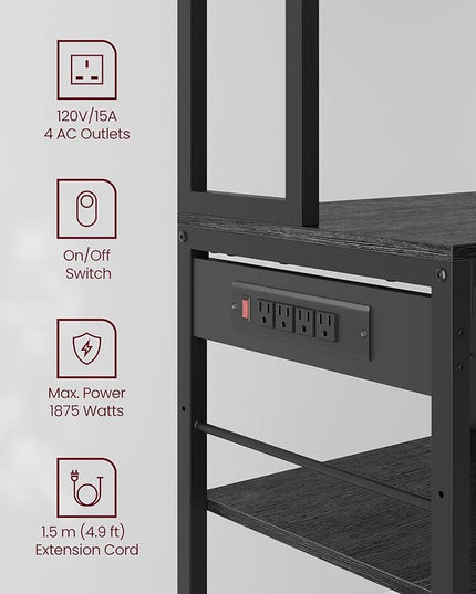 VASAGLE Bakers Rack with Charging Station, Coffee Bar, 15.7 x 39.4 x 71 Inches, Kitchen Microwave Stand, Adjustable Storage Shelves, Fabric Drawer, 12 Hooks, Charcoal Gray and Ink Black UKKS027B01