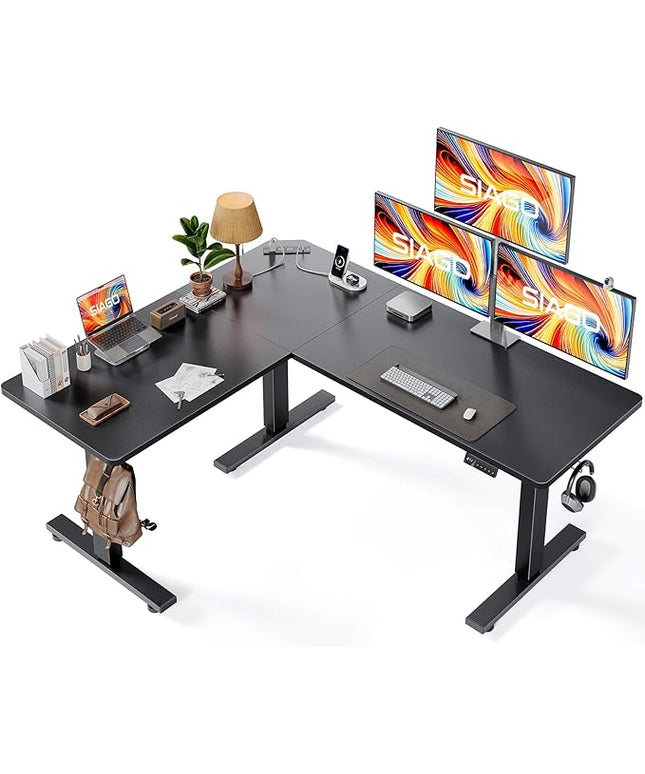 SIAGO L-Shaped Standing Desk - 63 x 55 Inch Adjustable Corner Standing Desk with Charging Station - L Shape Sit Stand Table with Memory Controller, Splice Board for Home Office