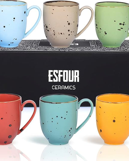 Coffee Mugs Set Of 6, 14 Oz Large Handle Heavy Duty Cups - Microwave Dishwasher Safe - Latte, Cappuccino, Tea, Cocoa, Mocha - Men, Women, Home Office Daily Use, Vivid Assorted Colors