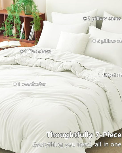 CozyLux Full Size Comforter Set Ivory, 7 Pieces Bed in a Bag Full Comforter Set with Sheets, Soft Bedding Set with Down Alternative Comforter, Fitted Sheets, Flat Sheets, Pillow Shams and Pillowcases