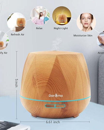 550ml Essential Oil Diffuser, DAROMA Upgraded Remote Control 6 in 1 Aromatherapy Ultrasonic Cool Mist Humidifier, 7 Color Changing Mood Lights & Waterless Auto-Off for Home Office Gift, Light Wood