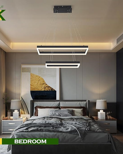 2 Rings Modern LED Chandelier Black 23.6inch Rectangle Dimmable LED Pendant Light with Remote Control 2 Tier Flush Mount High Ceiling Light for Dining Living Room Foyer(3000K-6500K, H59)
