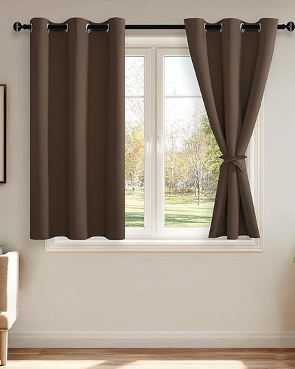 JIUZHEN Blackout Curtains with Tiebacks - Thermal Insulated, Light Blocking and Noise Reducing Grommet Curtain Drapes for Bedroom and Living Room, Set of 2 Panels, 42 x 54 Inch Length, Brown