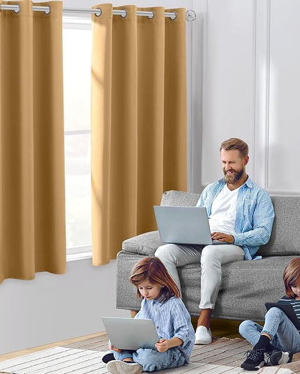HOMEIDEAS Gold Blackout Curtains for Bedroom 52 X 63 Inch Length 2 Panels Set Room Darkening Bedroom Curtains, Soundproof Thermal Grommet Window Curtains for Living Room