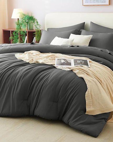 CozyLux King Size Comforter Set Dark Grey, 7 Pieces Bed in a Bag King Comforter Set with Sheets, Bedding Set with Down Alternative Comforter, Fitted Sheets, Flat Sheets, Pillow Shams and Pillowcases