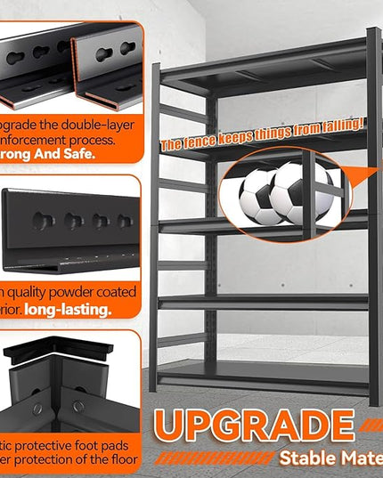 Adjustable 5-Tier Garage Shelving, Heavy Duty Steel Storage Shelves, High Load Capacity Shelf, Ideal for Garage, Warehouse, or Home Organization (with Fences, 36" W*16" D*72" H)