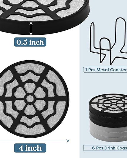 Koluti 6 Pieces Diatomaceous Earth Coasters with Holder, Desk Absorbent Coasters for Drink, with Soft Silicone Cover, 4.0”x 0.5”Water Instant Drying Round Stone Tray for Coffee Table