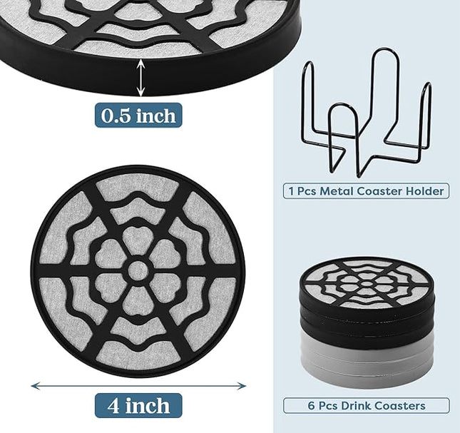 Koluti 6 Pieces Diatomaceous Earth Coasters with Holder, Desk Absorbent Coasters for Drink, with Soft Silicone Cover, 4.0”x 0.5”Water Instant Drying Round Stone Tray for Coffee Table