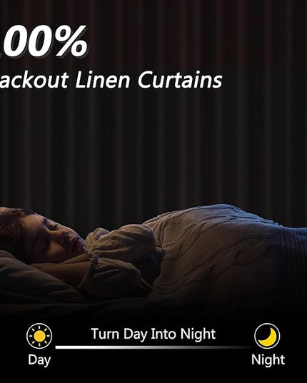 Guken Black Linen Blackout Curtains 108 Inch Length 2 Panels Set for Living Room Bedroom Back Tab Thermal Insulated 100% Black Out Linen Drapes Room Darkening Window Curtains 52x108