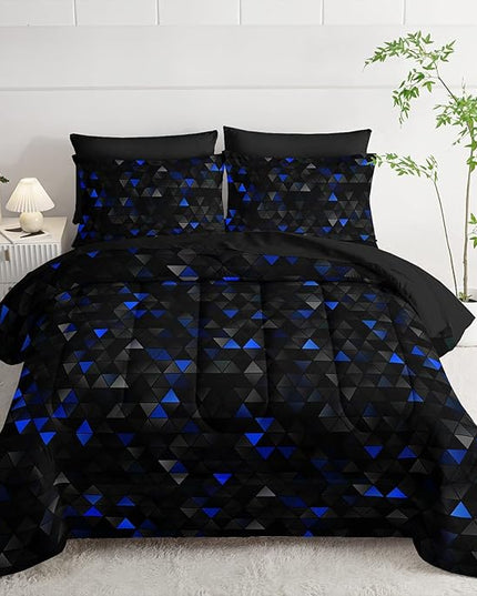 Geometric Blue Black Triangle King Size Comforter Set,Light Honeycomb Bedding Set 7 Piece in A Bag,Bed Sheet Set Geometry Decor,Microfiber Lightweight All Season