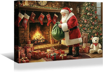 YONICA Christmas Wall Decor Santa Canvas Wall Art Home Decorations 30x20 Inches - Santa Pictures Christmas Pine Tree Bear Doll Prints Winter Painting Xmas Artworks for Living Room Bedroom