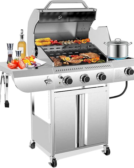 3-Burner Propane Gas Grill with Side Burner – 34,000 BTU Stainless Steel Outdoor BBQ Grill, Cast Iron Grates, Portable with Wheels for Patio, Camping