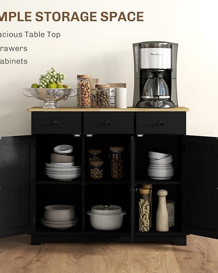 HOMCOM Sideboard with Solid Wood Countertop, Modern Kitchen Storage Cabinet, Coffee Bar Cabinet with 3 Drawers, Doors and Adjustable Shelf, Distressed Black