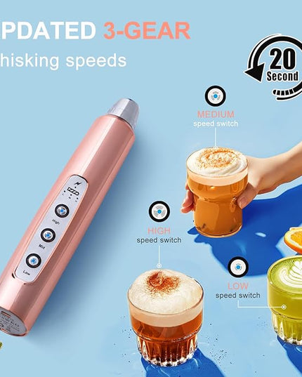 YUSWKO Rose Gold Handheld Milk Frother Wand for Coffee, Rechargeable Electric Whisk with 3 Heads 3 Speeds Drink Mixer Coffee Frother For Latte, Cappuccino, Hot Chocolate, Egg