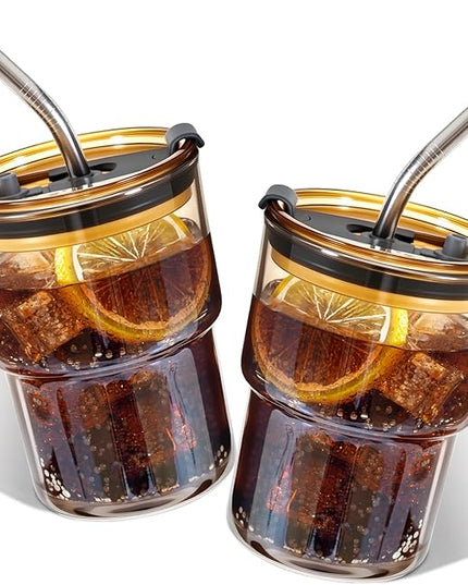 2 Packs Glass Tumbler with Lid and Straw 13 oz Cute Ice Coffee Cup Set Bulk Smoothie Juice Matcha Tea Cappuccino Water Simple Clear Hot Drink Glasses Travel Mug Kitchen Modern Glassware