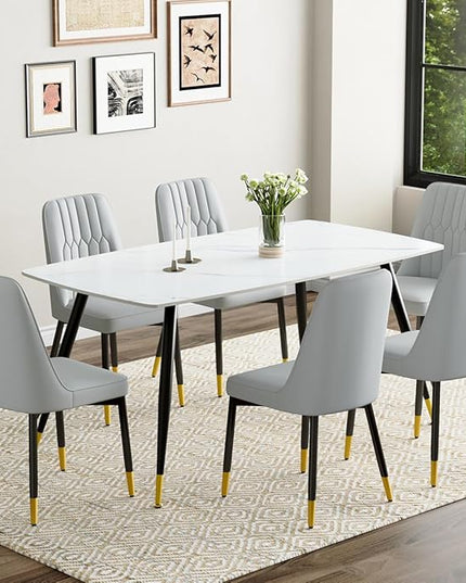 7 Piece Modern Dining Set, 62'' Sintered Stone Dinner Table for 6, 6 Chairs, Easy to Assemble