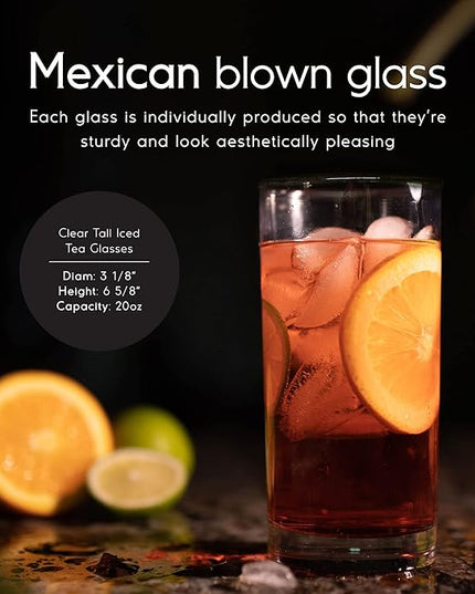 Clear 20 oz Tall Iced Tea Glasses (set of 6), Hand Blown Mexican Glassware, Recycled Glass Drinking Glasses, Lead-Free, Cocktail Margarita Glasses, Wine Glasses, Shot Glasses, Whiskey Glasses (IceTea)