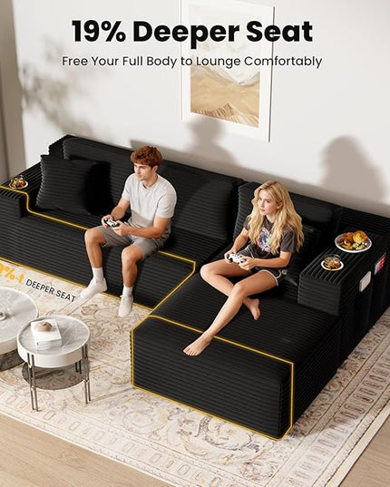Bashaw 108" Cloud Sectional Couch Sofa with L-Shape Chaise, Modern Modular Sofa Couch Upholstered Couches for Living Room Bedroom, No Assembly Required (Black, Right Facing Chaise)