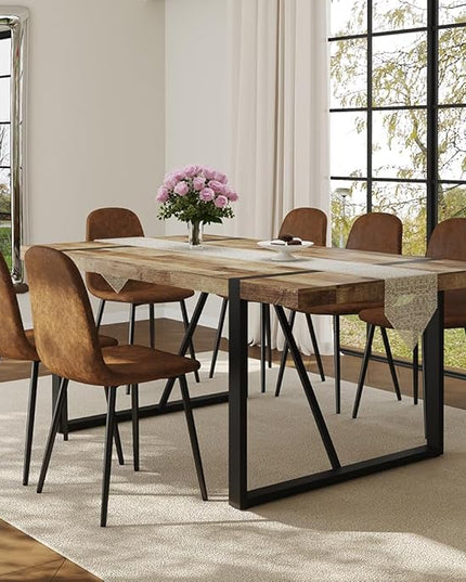 FURNITO Wood Dining Table Set for 6, 71" Large Rectangular Kitchen & Dining Room Table with 6 Suede Upholstered Chairs, Modern Farmhouse Dining Set for Home, Living Room, Office, or Conference Room