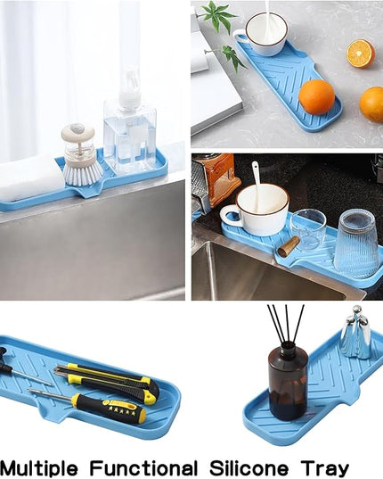 Silicone Bathroom Soap Dishes with Drain Spout-Bathroom and Kitchen Sink Organizer,Sponge Holder,Dish Soap Tray,Perfect for Dispenser,Scrubber,Bottle on Sink or Counter-Light Blue 12"×4"